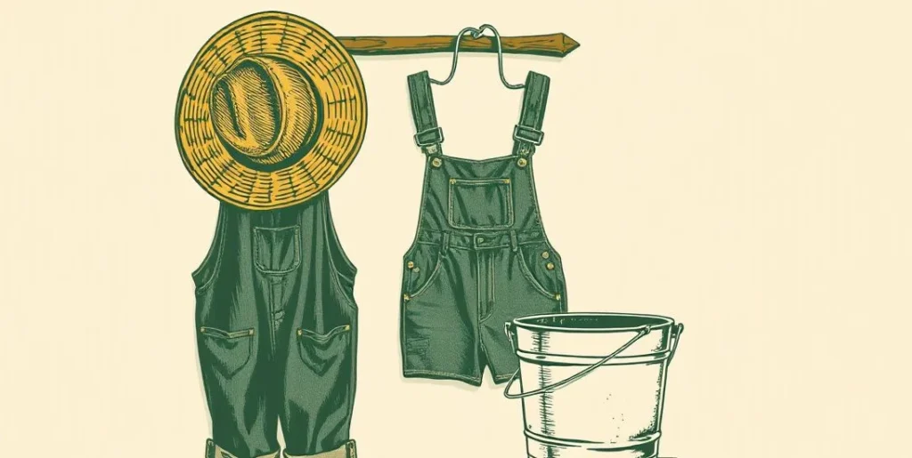 Illustration of a straw hat and overalls hanging beside a tin bucket