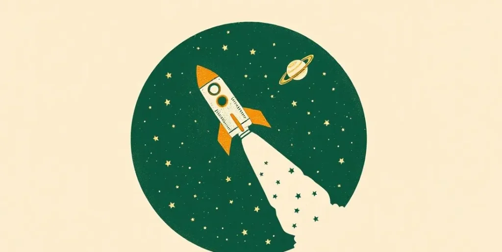 Illustration of a rocket blasting into space past a ringed planet