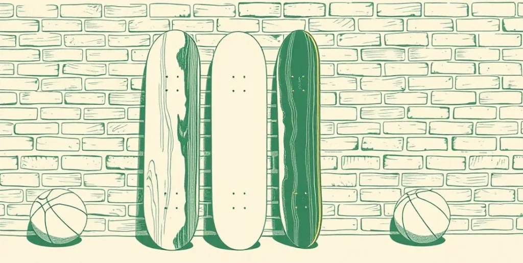 Illustration of two identical skateboards against a brick wall beside a basketball