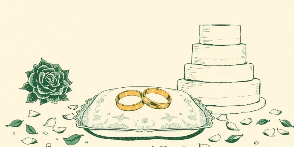 Illustration of two gold wedding rings beside a tiered wedding cake