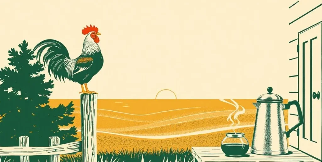 Illustration of a rooster crowing at sunrise beside a steaming coffee pot