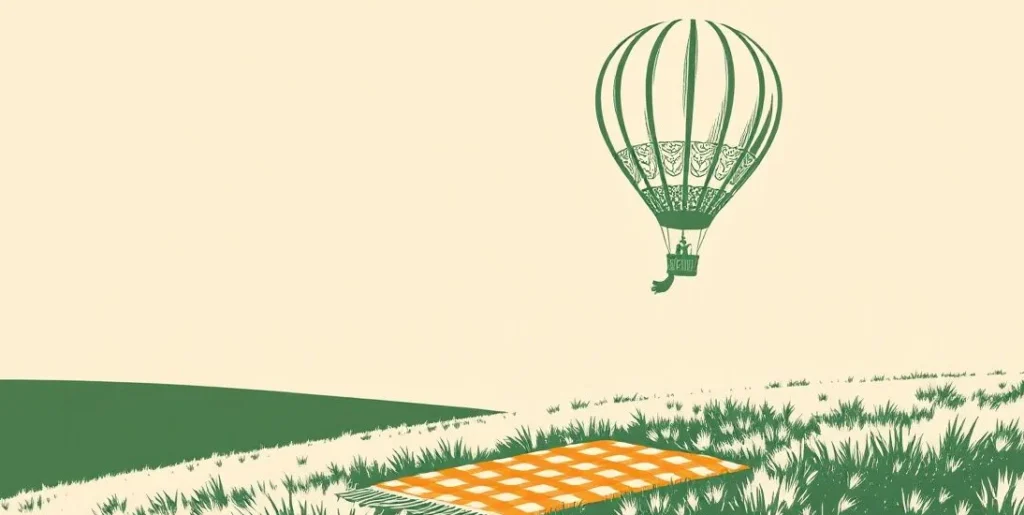 Illustration of a hot air balloon lifting off from a meadow