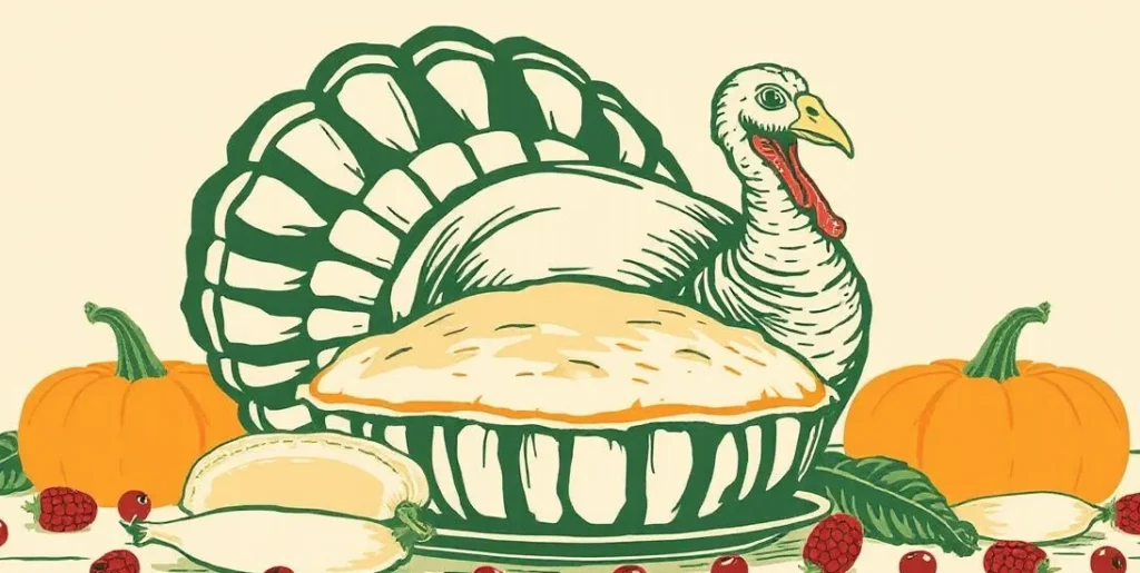 Illustration of a turkey peeking out from behind a pumpkin pie on a harvest table