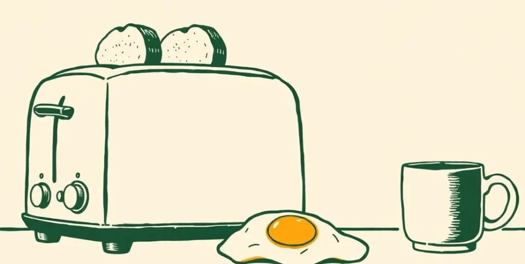 Illustration of a toaster popping up toast beside a fried egg and coffee
