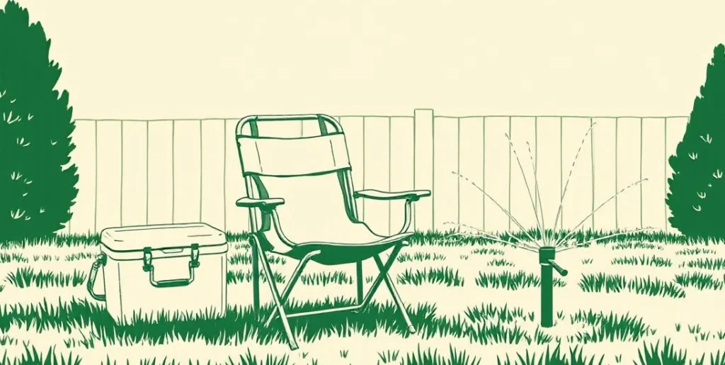 Illustration of a lawn chair, cooler and sprinkler on a sunny lawn