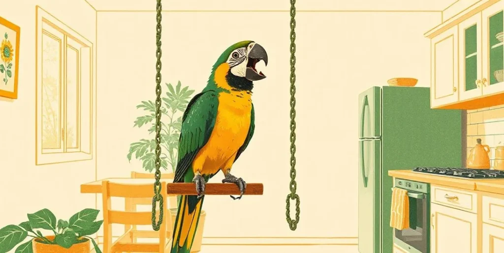 Illustration of a colorful parrot calling out from a swing in a sunny kitchen
