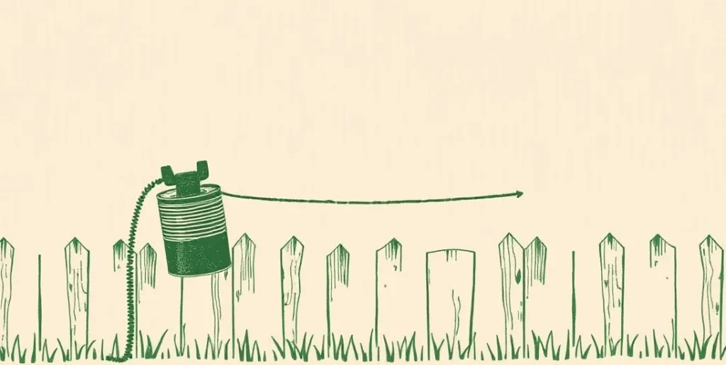 Illustration of two tin can telephones joined by string across a fence
