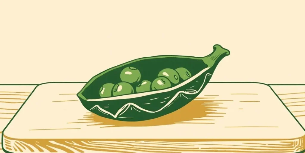 Illustration of two peas nestled in an open pod on a cutting board