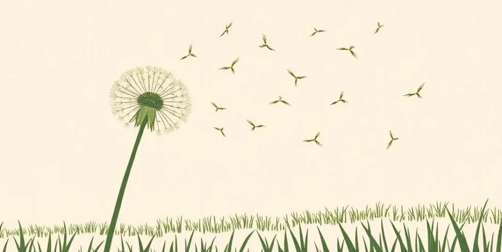Illustration of a dandelion puff scattering seeds on the wind