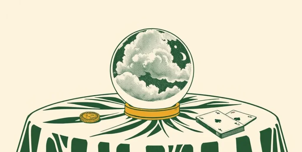 Illustration of a cloudy crystal ball beside a spinning coin and cards
