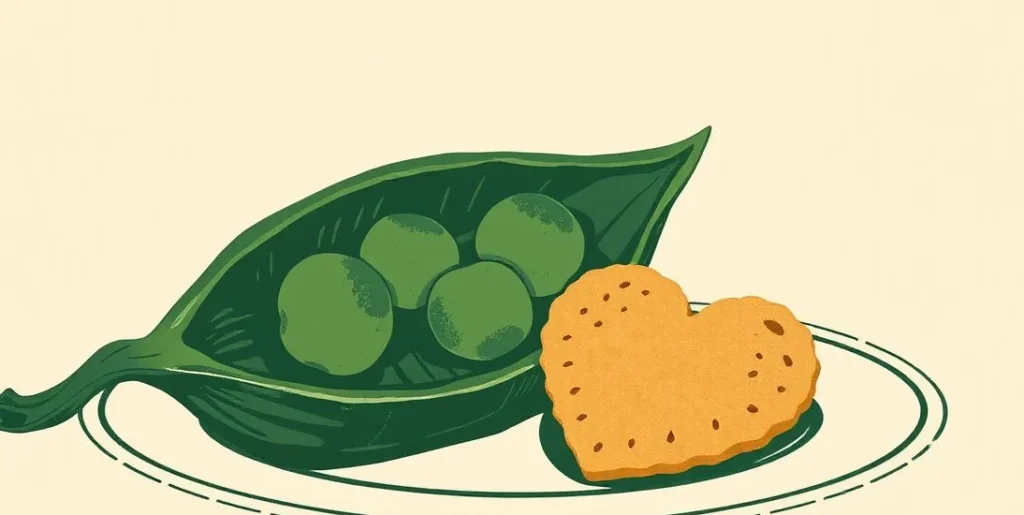 Illustration of two peas in an open pod beside a heart-shaped cookie