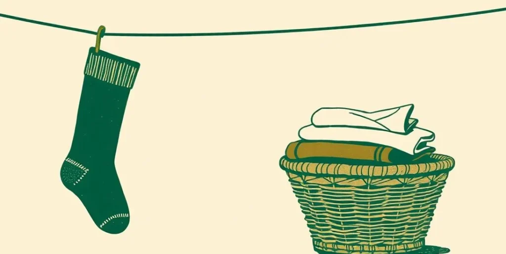 Illustration of a single sock hanging on a clothesline above a laundry basket