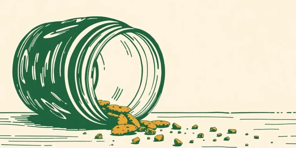 Illustration of an empty cookie jar tipped over with crumbs on a counter