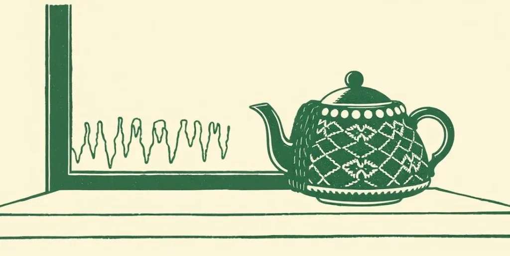 Illustration of a teapot in a knitted cozy beside icicles on a frosty windowsill