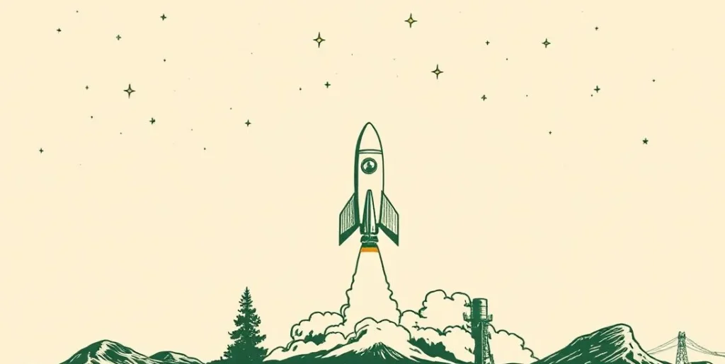 Illustration of a rocket lifting off with billowing smoke under a starry sky