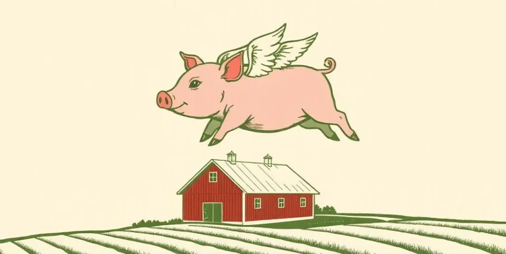 Illustration of a pig with little wings flying over a farm