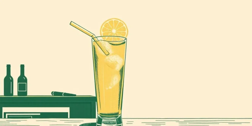 Illustration of sparkling lemonade with a lemon slice on a bar counter