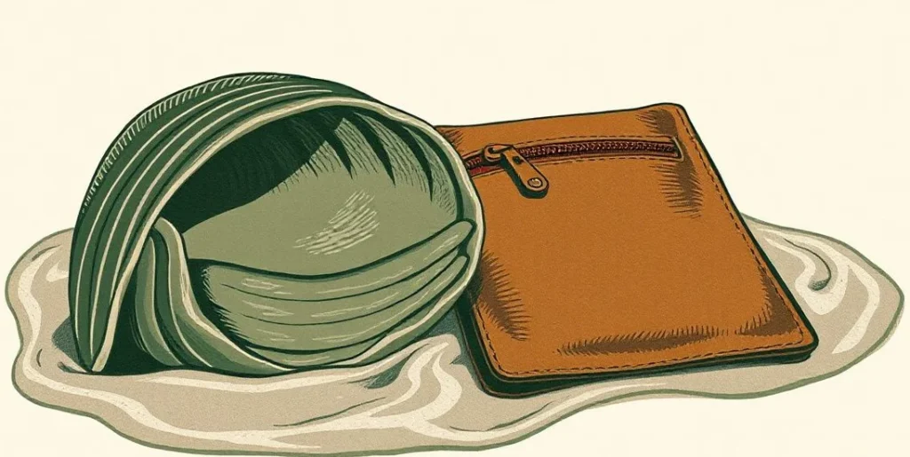 Illustration of a closed clam shell beside a zipped pouch on the sand