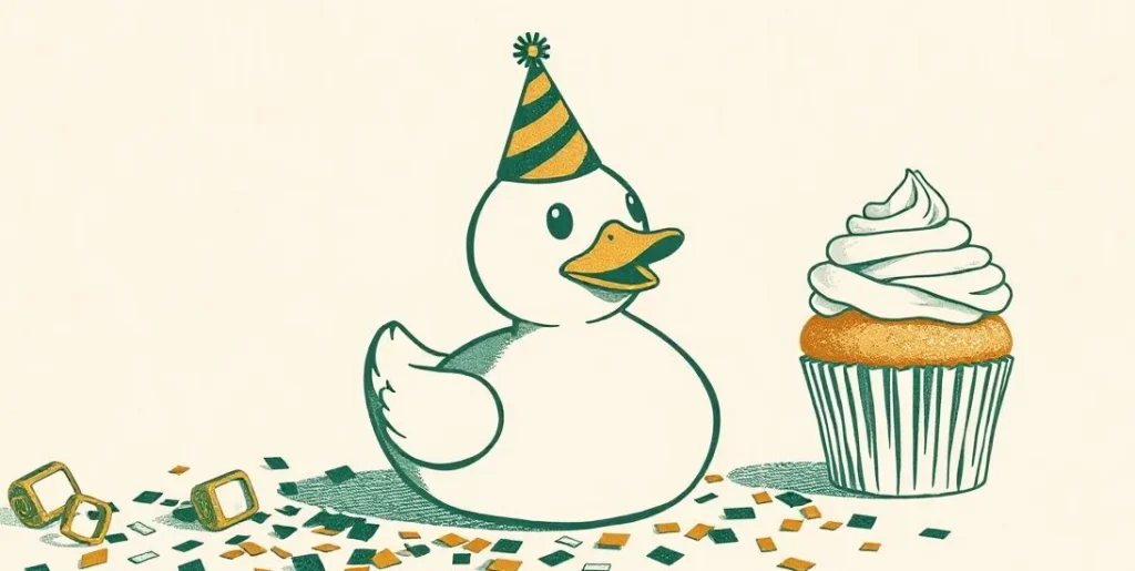 Illustration of a rubber duck in a party hat beside confetti and a cupcake