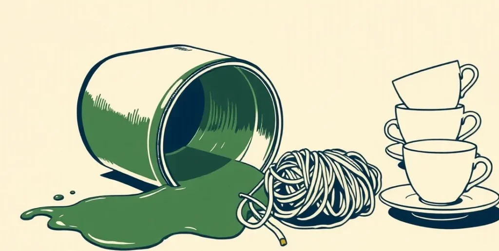Illustration of a spilled tin of paint, a tangled ball of yarn and a lopsided stack of teacups