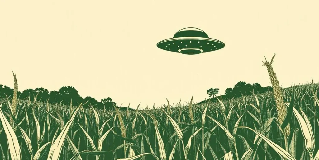Illustration of a flying saucer hovering over a moonlit cornfield