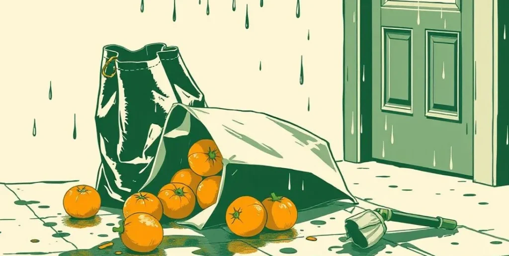 Illustration of spilled groceries and a dropped umbrella on a rainy sidewalk