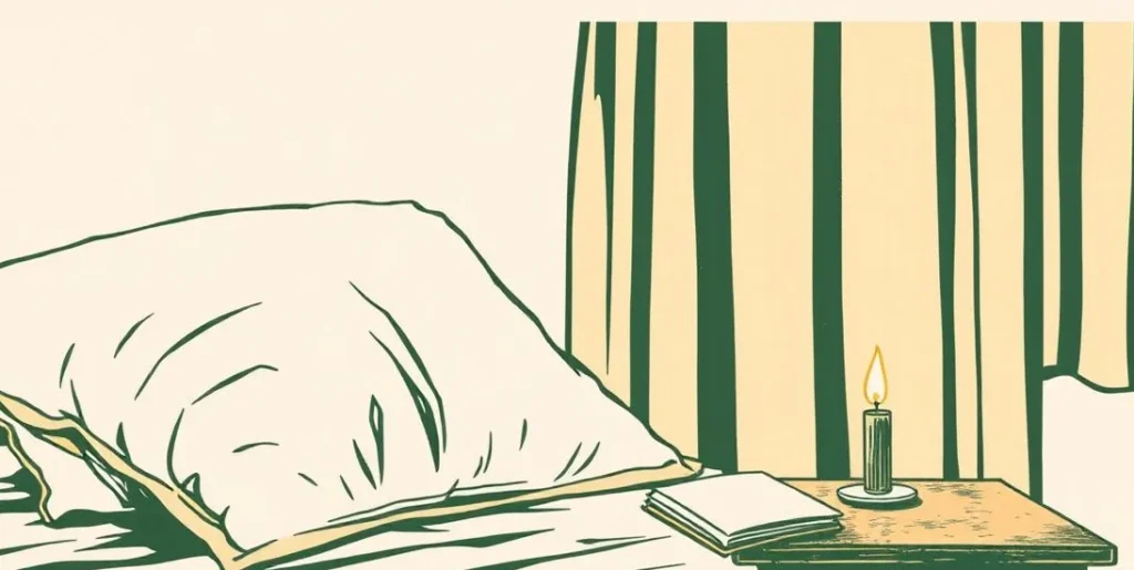 Illustration of a pillow, nightcap and candle on a bedside table