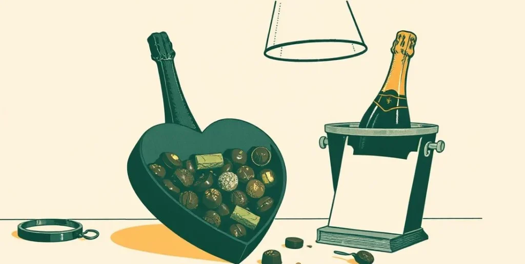 Illustration of a heart-shaped box of chocolates beside champagne on ice