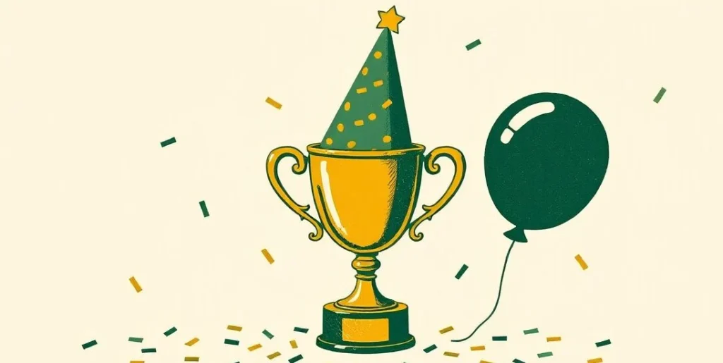 Illustration of a gold trophy with a party hat, confetti and a balloon