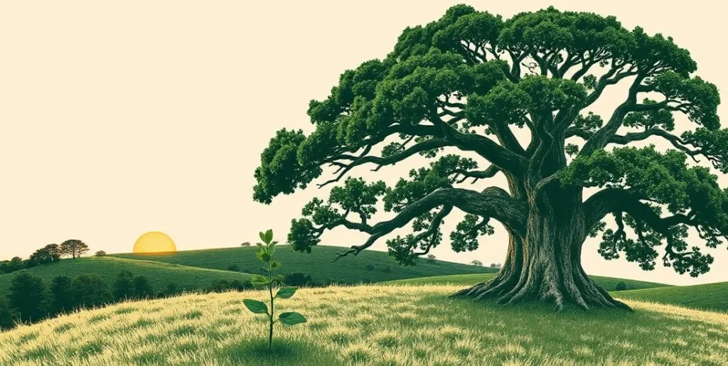 Illustration of a young sapling beside an old gnarled oak on a grassy hill