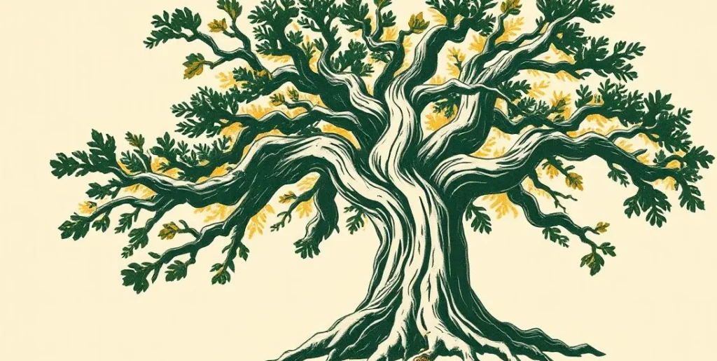 Illustration of an old gnarled oak with a young seedling sprouting at its roots