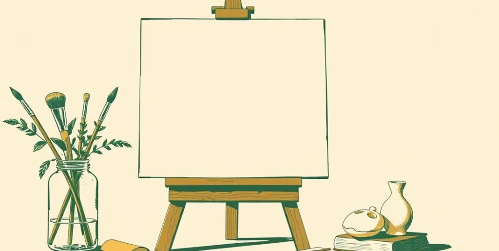 Illustration of an easel with a blank canvas, palette, brushes and sculpture