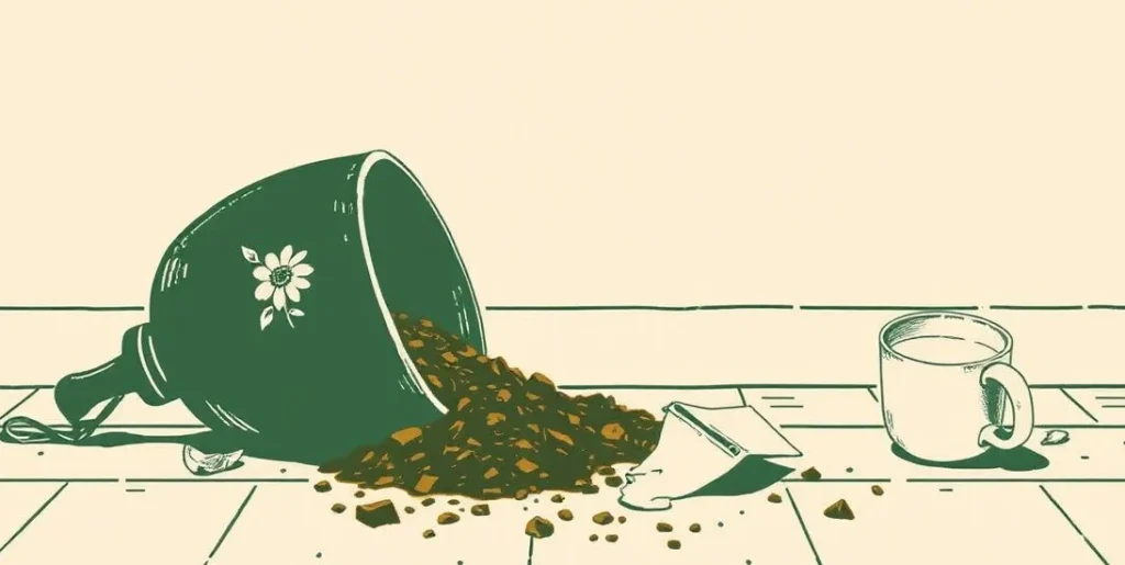 Illustration of a toppled flowerpot, a broken teacup and spilled milk