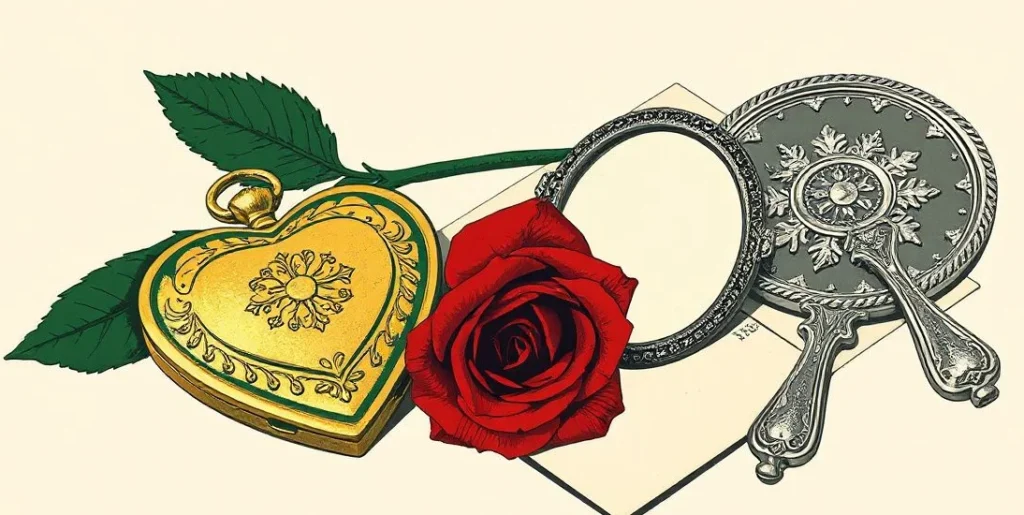 Illustration of a heart-shaped locket beside a red rose and a hand mirror