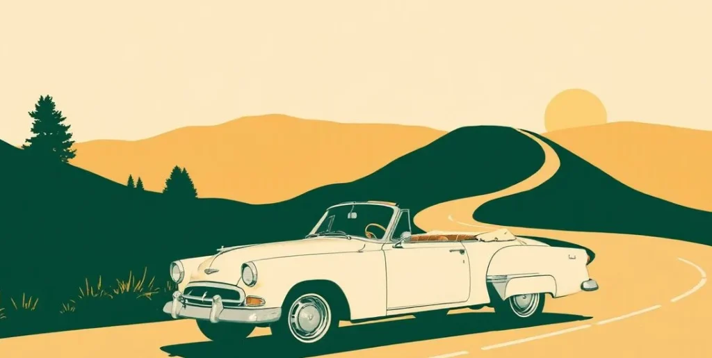 Illustration of a vintage convertible car on a winding country road at sunset