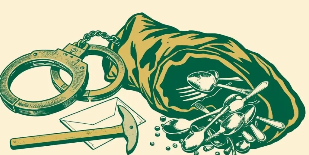 Illustration of handcuffs beside a crowbar and a sack of stolen silverware