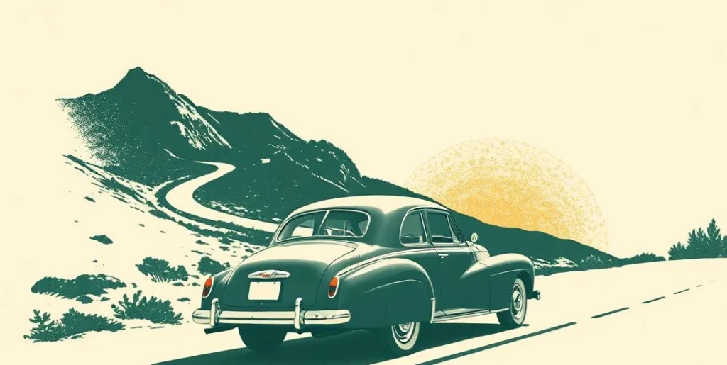 Illustration of a vintage car on a winding mountain road toward a sunlit horizon