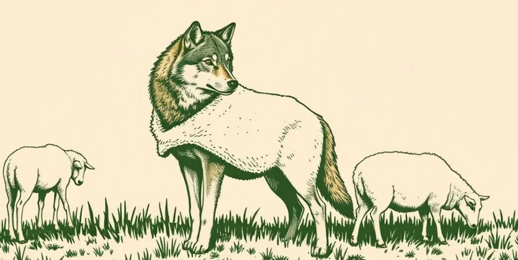 Illustration of a wolf in a sheepskin among grazing sheep