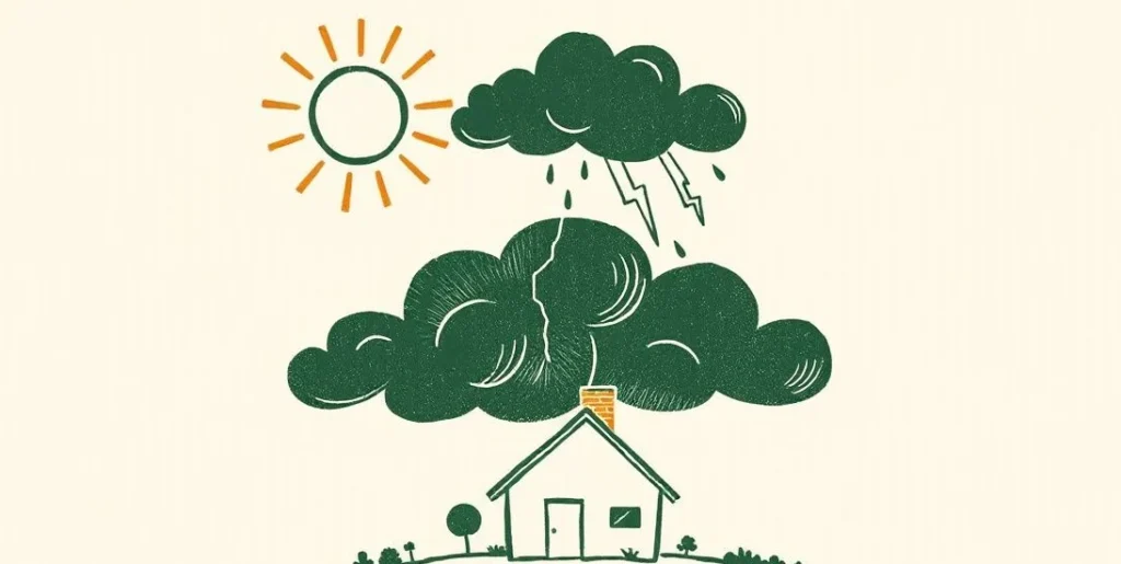 Illustration of sunshine, a rain cloud, lightning and a rainbow over a house