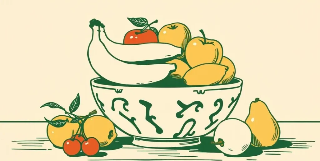 Illustration of a fruit bowl with apples, bananas, cherries and lemons