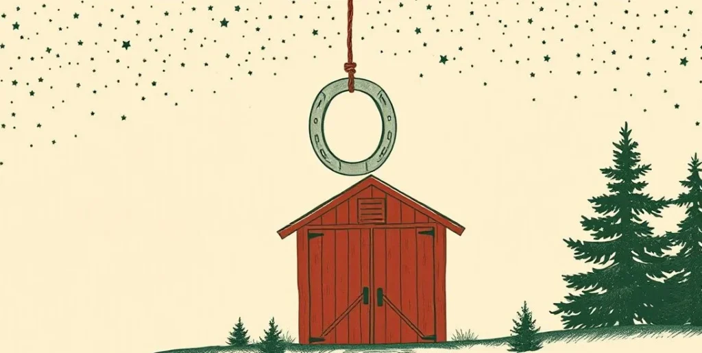 Illustration of a horseshoe hanging above a barn door under a starry sky