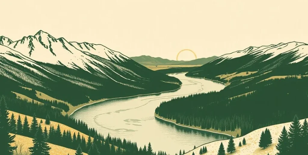 Illustration of a river winding from mountains through fields to the sea