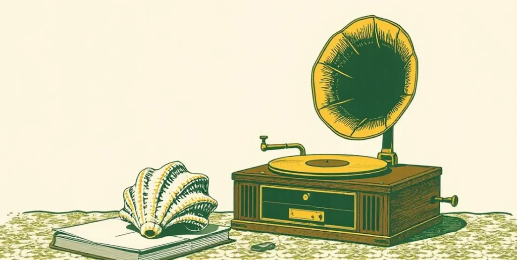 Illustration of a vintage gramophone with a brass horn beside a seashell