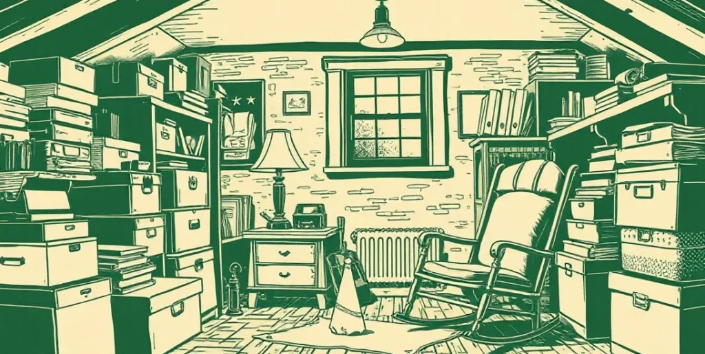 Illustration of a cluttered attic with memory boxes, a lamp and a rocking chair