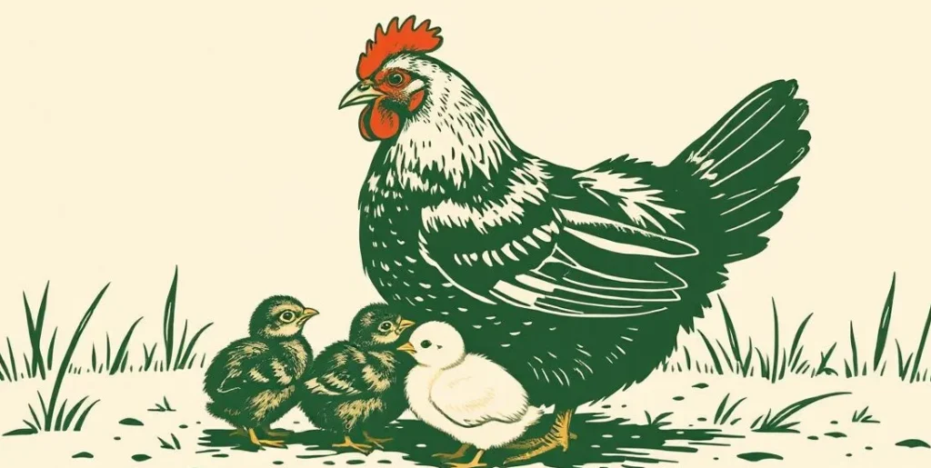 Illustration of a mother hen sheltering her chicks in a farmyard