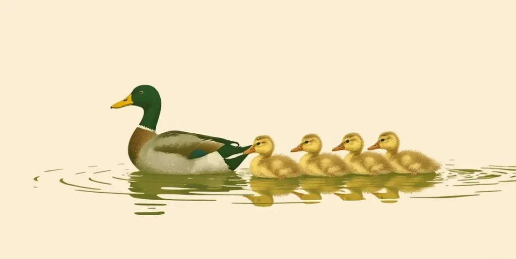 Illustration of two ducks leading a line of ducklings across a pond