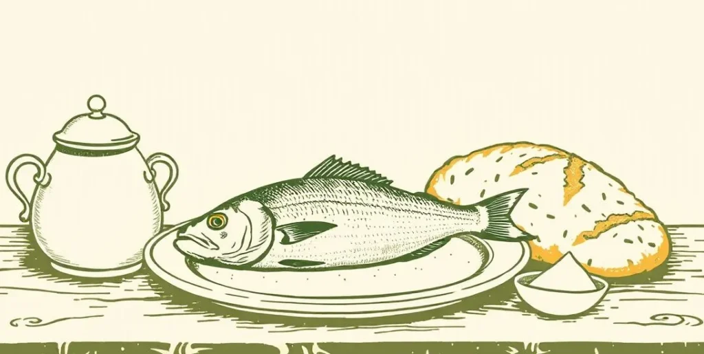 Illustration of a salt cellar, a fish on a platter and a loaf of bread