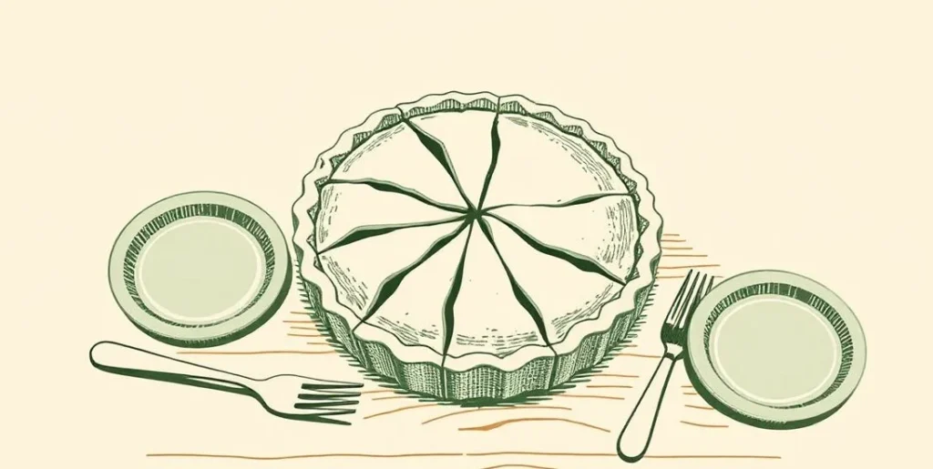 Illustration of a pie cut into even slices with two plates and forks set side by side
