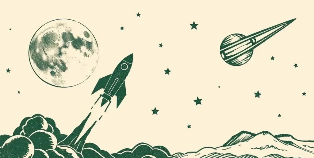 Illustration of a rocket soaring past the moon and a ringed planet