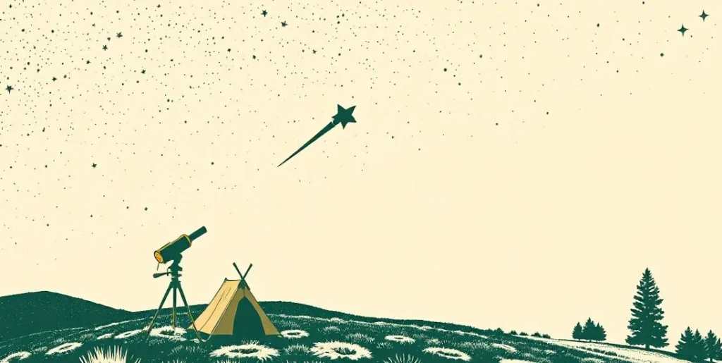 Illustration of a shooting star over a hilltop telescope and a small tent